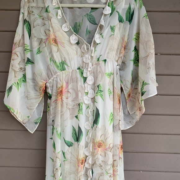 Farm Rio x Anthropologie Dahlia Boho White Chiffon Floral Maxi Dress Size S - Picture 2 of 15